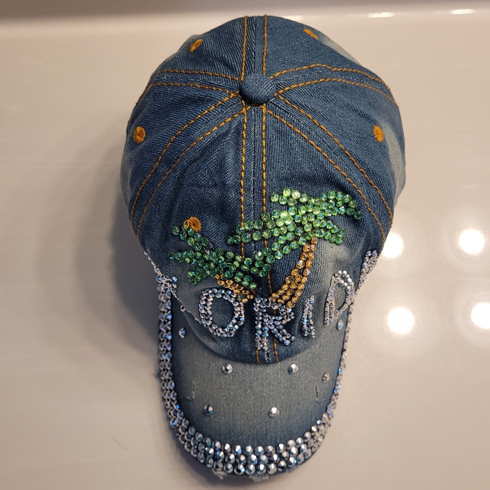 Florida Palm Trees Bedazzled Vintage Look Denim Asjustable Adult Ball Cap - Picture 5 of 13